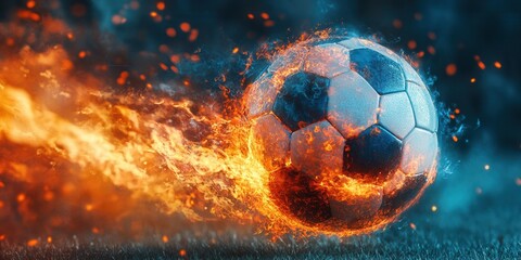Fototapeta premium Glowing soccer ball icon in motion with dynamic energy trails, vibrant and futuristic design, perfect for sports-themed graphics