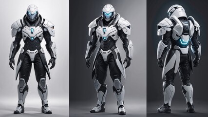 Futuristic female android in sleek white and black sci-fi armor with a high-tech exosuit and VR headset.