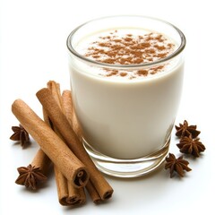 A glass of creamy beverage topped with cinnamon, accompanied by cinnamon sticks and star anise.
