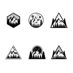 set of icons of mountain and pine tree silhouette design