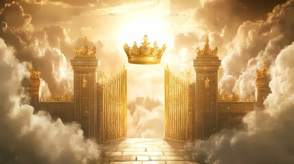 Eternal life: the crown and golden gates - imagine a crown and golden gates, symbolizing the promise of eternal life in heaven. Eternal. Illustration
