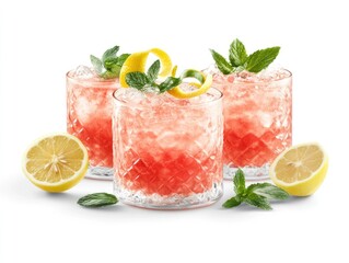 Three refreshing cocktails with mint and lemon, served over ice.