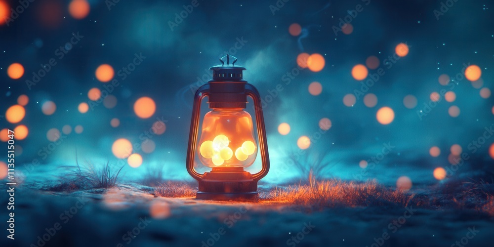 Poster holographic lantern emitting soft glowing orbs, a mesmerizing display of light, creating a serene an