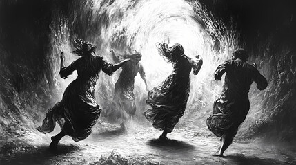 In an eternal dialectic of light and shadow beings, there is an eternal dance of light and shadow. Eternal. Illustration