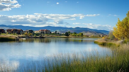 Fototapeta premium Serene lake view with modern homes and mountains. Concept of peaceful community and nature.