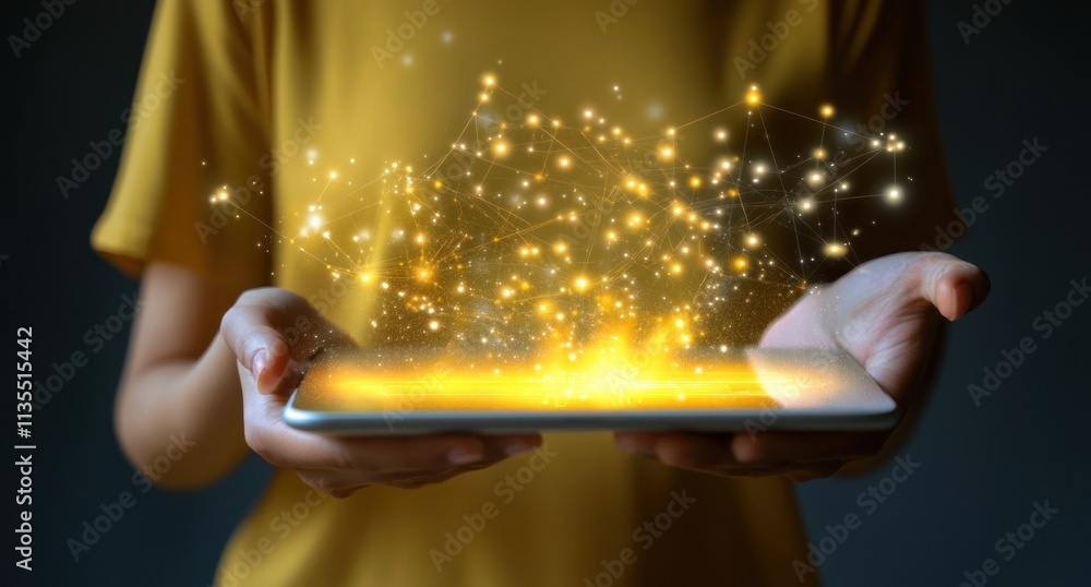Poster Hands hold glowing tech with network.