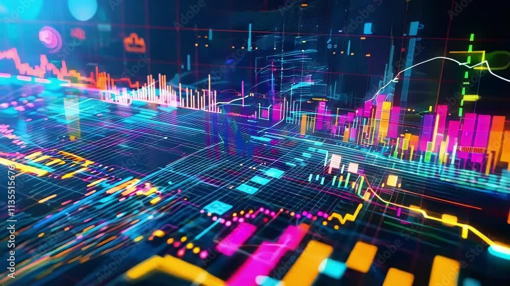Aufkleber camera is moving forward above a futuristic cityscape with glowing neon charts and graphs, showing t