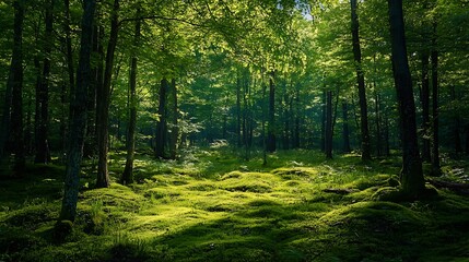 Obraz premium Sunlight filtering through a lush forest. Concept of nature, tranquility, and serenity.