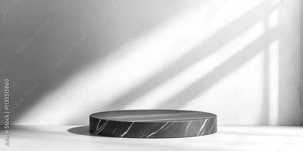 Poster marble pedestal with soft light and shadows on a white surface background.