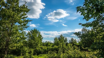 Forest Canopy and Blue Sky. Lush Green Trees and Clouds.