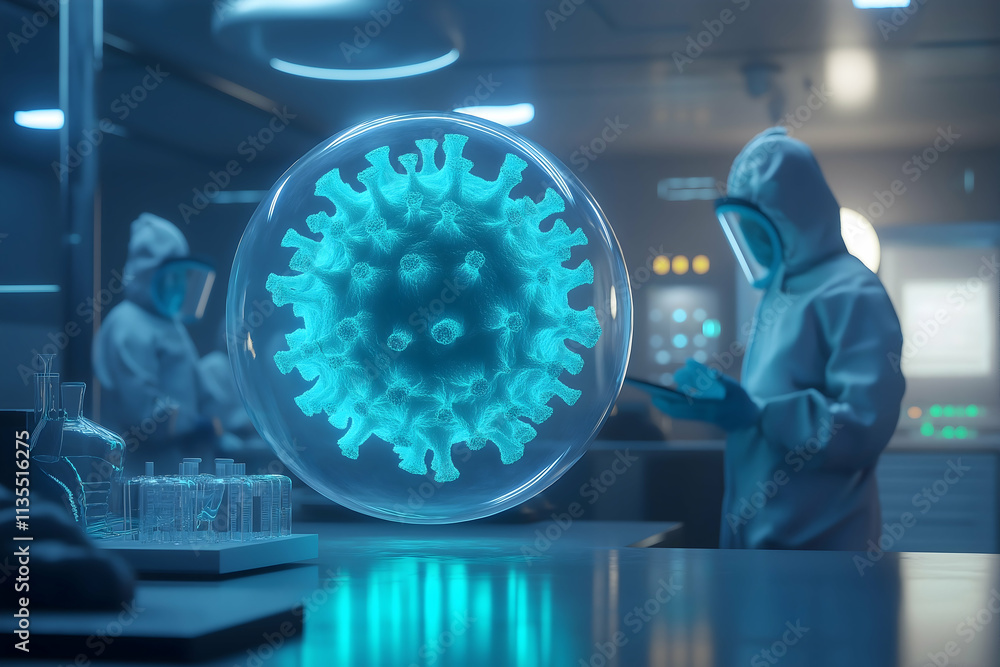 Aufkleber a futuristic lab scene featuring scientists studying a holographic model of a virus, emphasizing adv