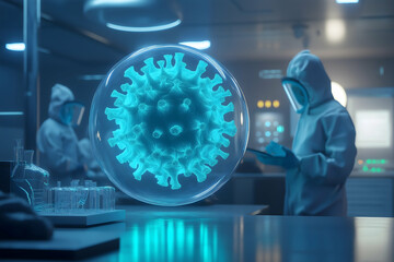 A futuristic lab scene featuring scientists studying a holographic model of a virus, emphasizing advanced technology and research in virology.