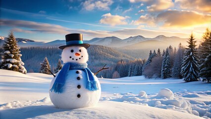 Obraz premium Cheerful snowman adorned with a blue scarf and hat standing in a serene winter landscape surrounded by snow-covered trees and majestic mountains under a colorful sky