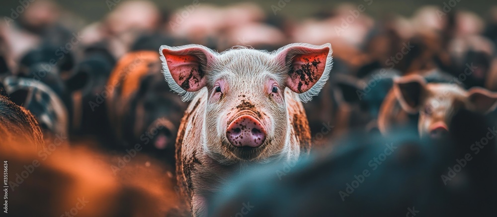 Poster piglet with muddy face, standing out in group of pigs.