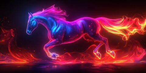 Holographic Horse Icon, vibrant neon mane, dynamic motion, digital art, modern design, eye-catching visuals, energetic representation
