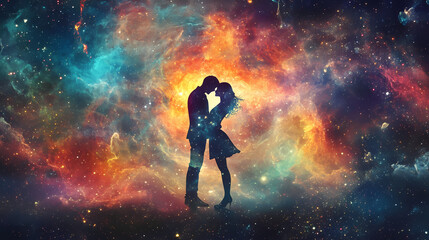 Cosmic nebulae art symbolizing eternal love and celestial union in space. concept celestial love, nebula art, eternal union, cosmic symbolism, space inspiration. Eternal. Illustration