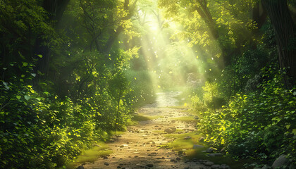 Obraz premium Forest Path with Stream and Sunlight
