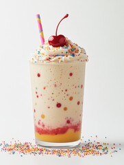 A colorful milkshake topped with whipped cream, a cherry, and sprinkles in a glass.