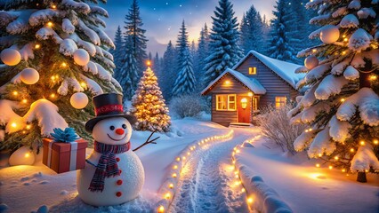 Cozy Winter Wonderland Scene with Snowman, Christmas Lights, Pine Trees, and Warm Cabin Glow in a Magical Snow-Covered Landscape
