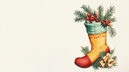 Vintage 1950s Christmas stocking illustration intricate hand-drawn design festive pattern holly bow holiday decor retro project creative seasonal design clipart white background banner traditional