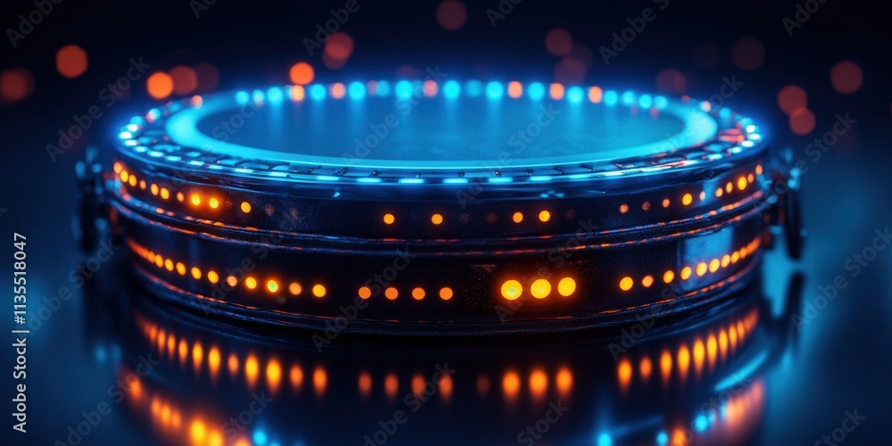 Poster holographic tambourine icon with glowing jingles and intricate patterns, vibrant colors and dynamic 