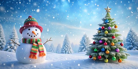 Obraz premium Charming snowman with colorful accessories stands beside a beautifully decorated Christmas tree in a serene winter landscape with gentle snowfall.