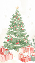 Beautifully Decorated Christmas Tree Presents Cozy Holiday Warm Colors Festive Lights Seasonal Clipart Digital Design vector beige dark blue illustration minimalist invitation card greeting banner