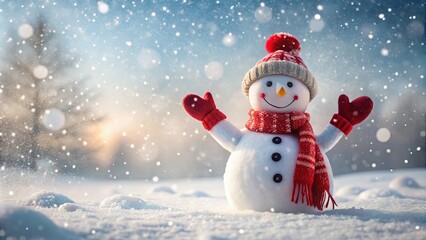 Fototapeta premium Cheerful Snowman in a Snowy Landscape Surrounded by Snowflakes and a Beautiful Winter Sunset, Perfect for Holiday and Winter-Themed Designs