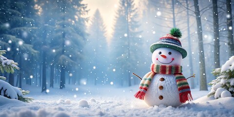 Obraz premium Charming Snowman Surrounded by Winter Forest and Falling Snowflakes, Creating a Magical Holiday Atmosphere in a Scenic Winter Landscape
