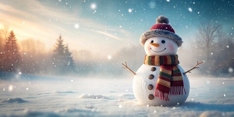 Fototapeta premium Cheerful Snowman Wearing a Colorful Scarf and Hat Surrounded by Soft Snowfall in a Picturesque Winter Landscape with Trees and a Beautiful Sunset