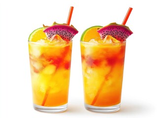 Two colorful tropical drinks with ice, garnished with fruit and served in tall glasses.