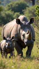 Obraz premium A mother rhinoceros and her calf in a lush grassland, highlighted by sunlight and surrounded by wild shrubs