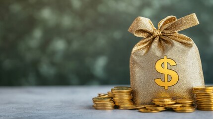 A golden money bag with a dollar sign sits on a surface surrounded by stacks of coins, symbolizing wealth and financial prosperity.