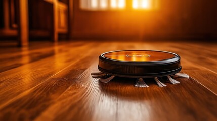 A robotic vacuum cleaner on wooden flooring, designed for automated cleaning.