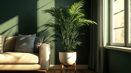 Sunlight illuminates living room with sofa, potted palm plant, and green wall.