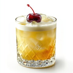 A refreshing cocktail garnished with a cherry, served over ice in a decorative glass.