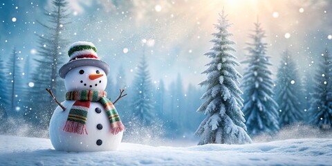Obraz premium Cheerful Snowman Surrounded by Snowy Evergreen Trees in a Winter Wonderland Scene with Soft Sunlight and Gentle Snowflakes Falling