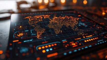 World map displayed on a futuristic interactive tablet with glowing orange and blue digital interface elements.