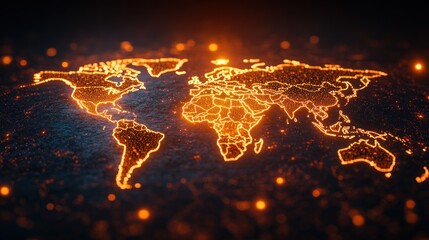 World map glowing with orange light, digital abstract design.