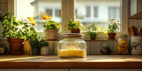 Vintage 50's glass butter dish with metal lid, bright sunny kitchen setting, showcasing classic...