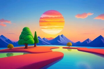 Beautiful and Peaceful Nature Scenery Illustration Landscape Countryside Tranquil Vibrant and Colorful