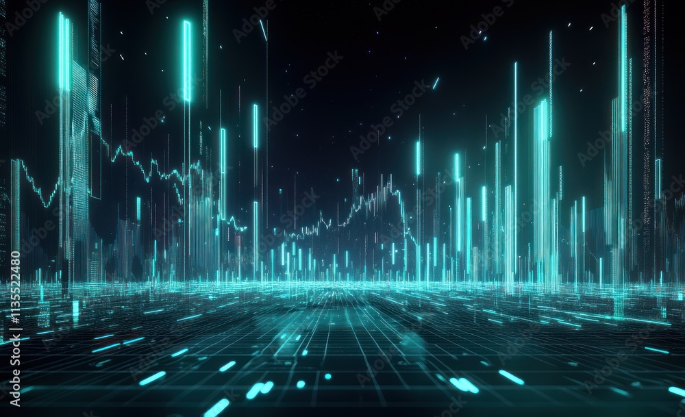 Aufkleber Abstract futuristic grid with blue glowing lines and charts.