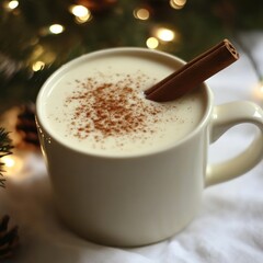 Obraz premium A cozy mug of creamy beverage topped with cinnamon, perfect for winter gatherings.