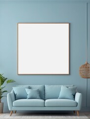 home retro interior background with sofa, table and decor in living room, Powder Blue wall