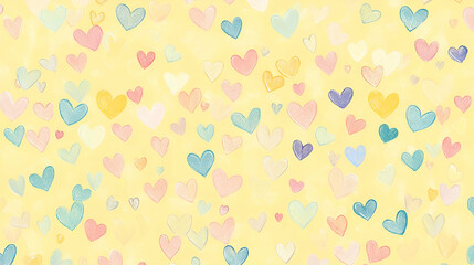 A colorful background filled with various heart shapes on a soft yellow backdrop.