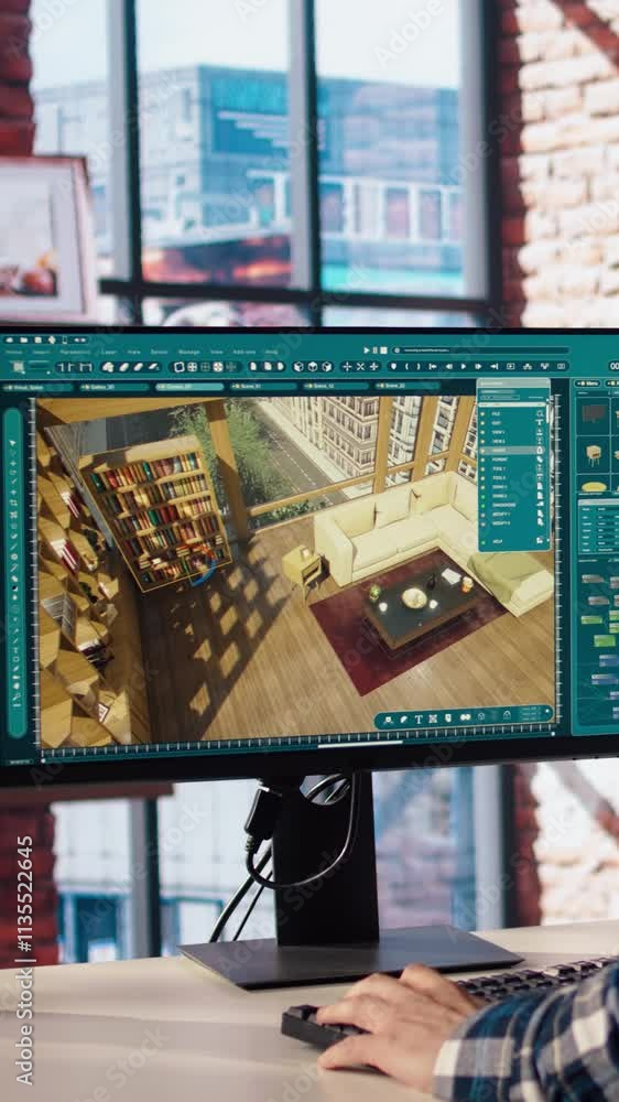 Poster architectural designer in home office moving assets in 3d modeling program, doing interior design pr