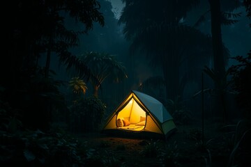 Illuminated Tent in Rainy Rainforest at Night.generative AI
