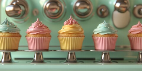 Vintage cupcake maker, 1950s design, vibrant cupcakes baking, nostalgic kitchen charm, playful colors, delightful culinary scene