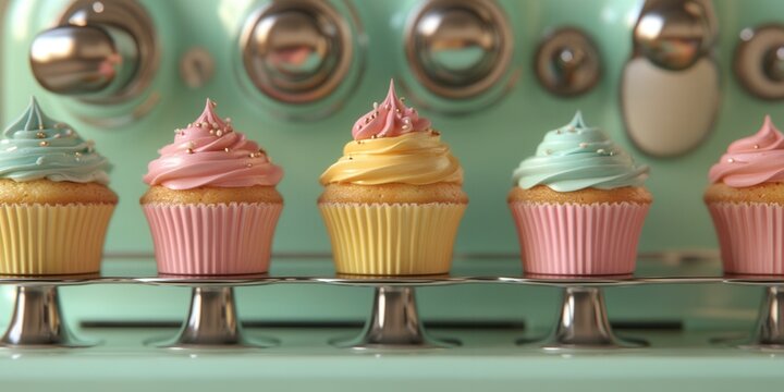 Vintage cupcake maker, 1950s design, vibrant cupcakes baking, nostalgic kitchen charm, playful colors, delightful culinary scene