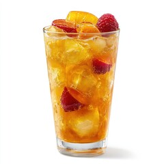 A refreshing iced tea drink with fruits and ice, served in a tall glass.